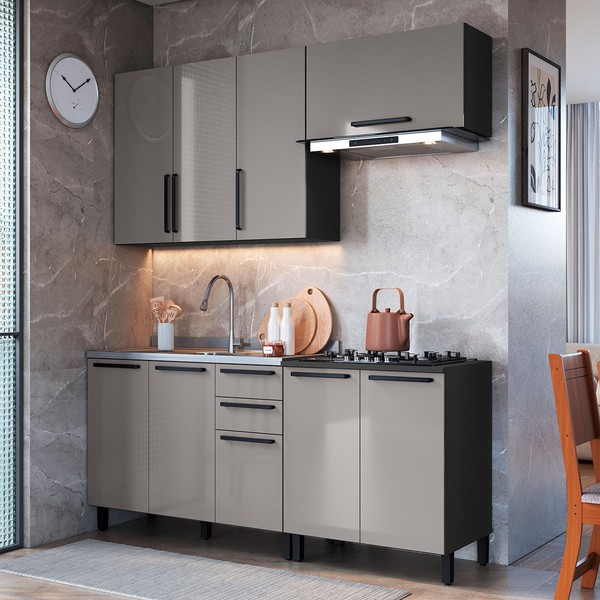 Cozinha Completa Diamante 8 Portas 3 Gavetas Chumbo/Titanio - Indékes