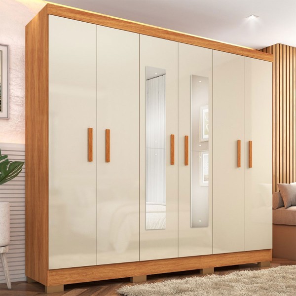 Guarda-Roupa Casal Cancun 6 Portas 2 Gavetas com Espelho Cinmomo/Off White - Fellicci