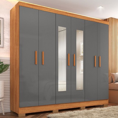 Guarda-Roupa Casal Cancun 6 Portas 2 Gavetas com Espelho Cinamomo/Grafite - Fellicci