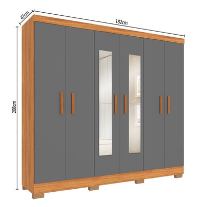 Guarda-Roupa Casal Cancun 6 Portas 2 Gavetas com Espelho Cinamomo/Grafite - Fellicci