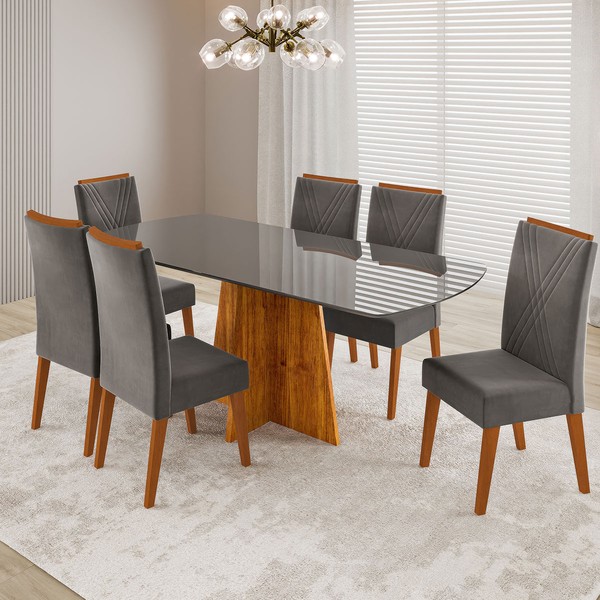 Mesa de Jantar 6 Lugares Fill com Vidro Mel/Grafite/Cinza - Viero Móveis