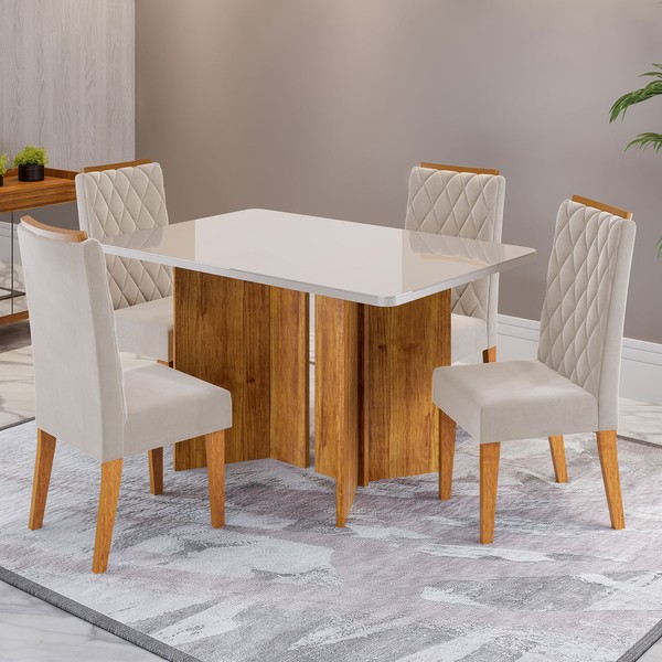 Mesa de Jantar 4 Lugares Linden com Vidro Mel/Off White/Pastel - Viero Móveis