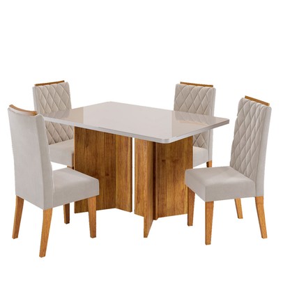 Mesa de Jantar 4 Lugares Linden com Vidro Mel/Off White/Pastel - Viero Móveis