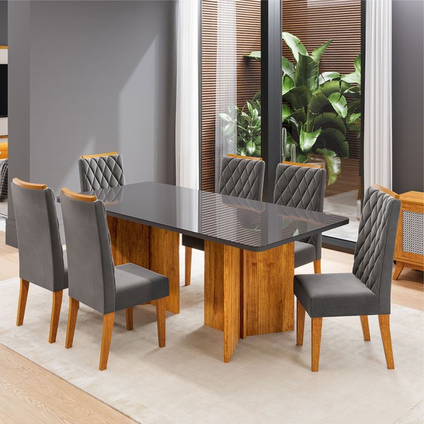 Mesa de Jantar 6 Lugares Andriolli com Vidro Mel/Grafite/Cinza - Viero Móveis