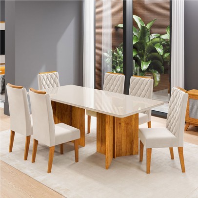 Mesa de Jantar 6 Lugares Andriolli com Vidro Mel/Off White/Pastel - Viero Móveis