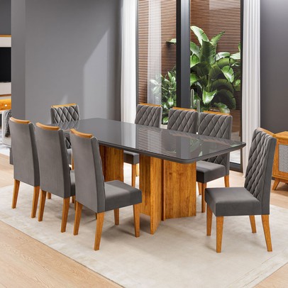 Mesa de Jantar 8 Lugares Zinnia com Vidro Mel/Grafite/Cinza- Viero Móveis