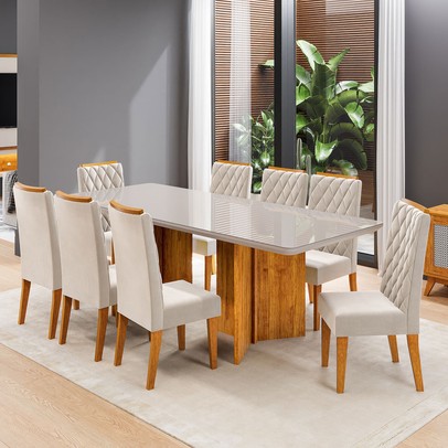Mesa de Jantar 8 Lugares Zinnia com Vidro Mel/Off White/Pastel - Viero Móveis