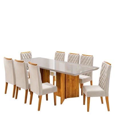 Mesa de Jantar 8 Lugares Zinnia com Vidro Mel/Off White/Pastel - Viero Móveis