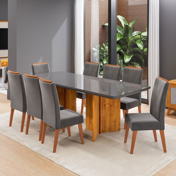 Mesa de Jantar 8 Lugares Princeton com Vidro Mel/Grafite/Cinza - Viero Móveis