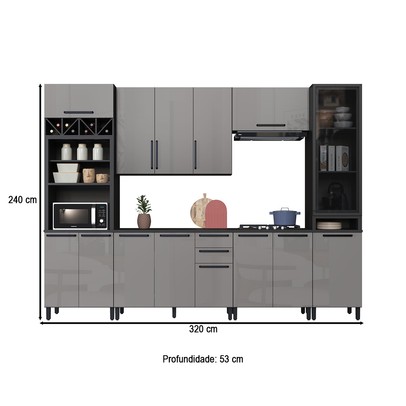 Cozinha Completa Diamante 13 Portas 3 Gavetas com Vidro Chumbo/Titanio - Indékes