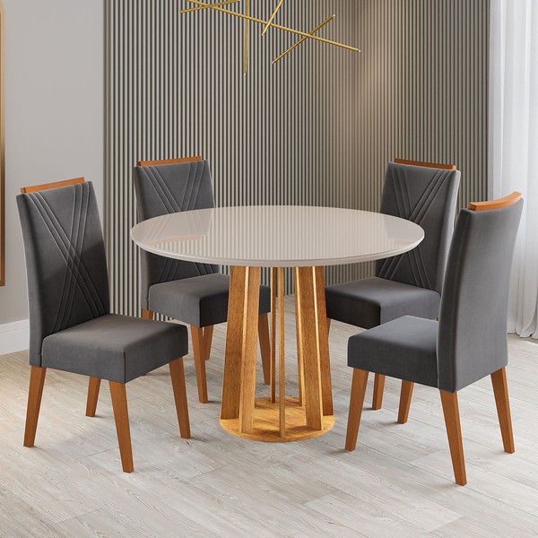 Mesa de Jantar 4 Lugares Finestra com Vidro Mel/Off White/Cinza - Viero Móveis