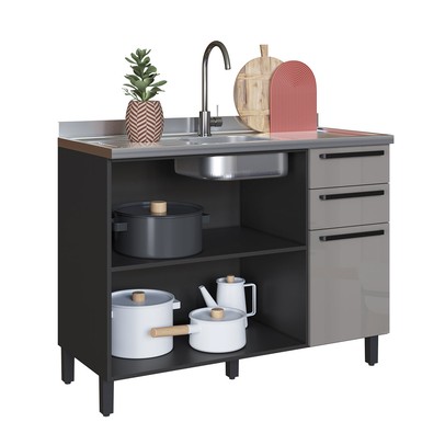 Balcão de Cozinha para Pia 120 Cm Diamante 2 Portas 3 Gavetas Chumbo/Titanio - Indékes
