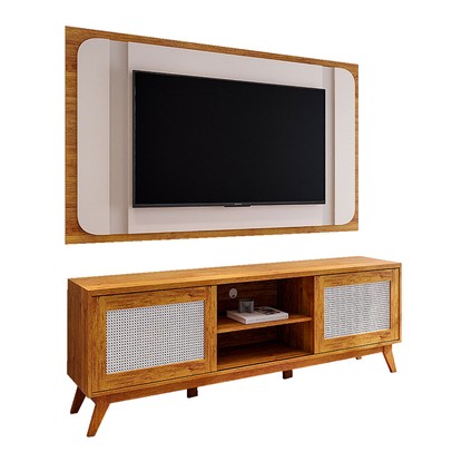 Rack com Painel para TV Até 75 Polegadas Attuale 2 Portas Mel/Off White - Viero Móveis