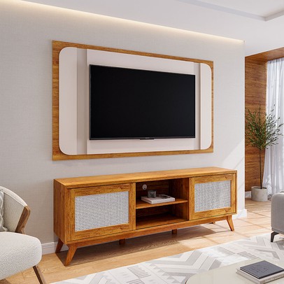 Rack com Painel para TV Até 75 Polegadas Attuale 2 Portas Mel/Off White - Viero Móveis