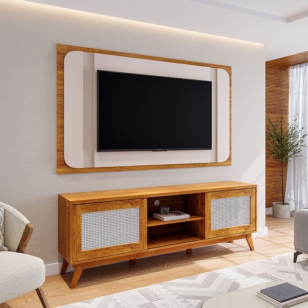 Rack com Painel para TV Até 75 Polegadas Attuale 2 Portas Mel/Off White - Viero Móveis
