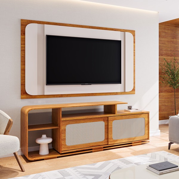Rack com Painel para TV Até 75 Polegadas Mozart 2 Portas Mel/Off White - Viero Móveis