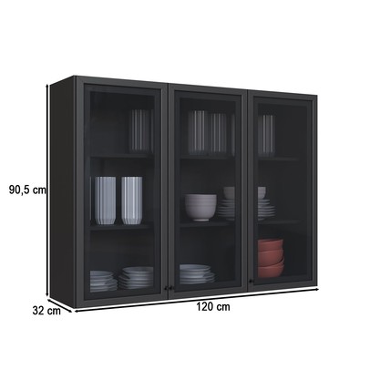 Armário Aéreo Cozinha 120 Cm Diamante 3 Portas com Vidro Chumbo - Indékes