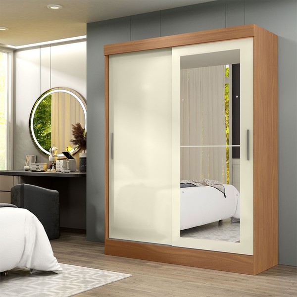 Guarda-Roupa Solteiro Cancun 2 Portas 2 Gavetas com Espelho Flex Cinamomo/Off White - Maxel