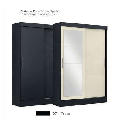 Guarda-Roupa Solteiro Cancun 2 Portas 2 Gavetas com Espelho Flex Preto - Maxel