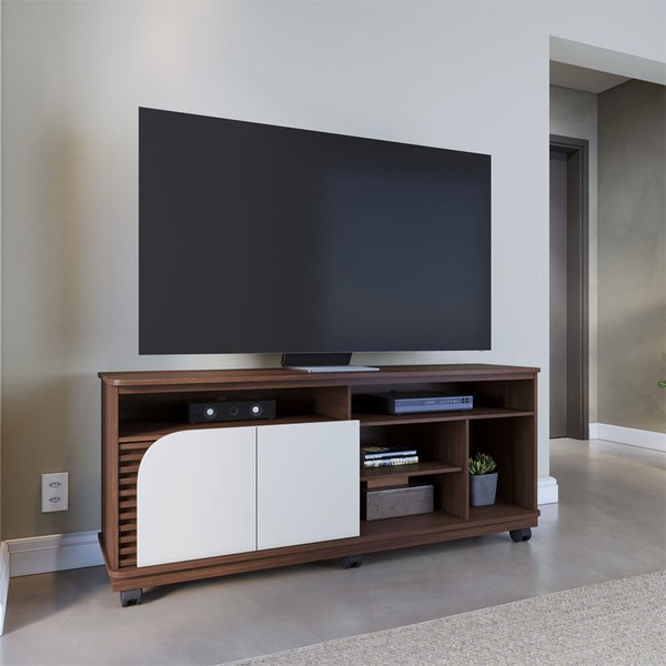 Rack para TV Até 65 Polegadas Jurerê 2 Portas Ripado Nogueira Real/Off White Matte - Colibri
