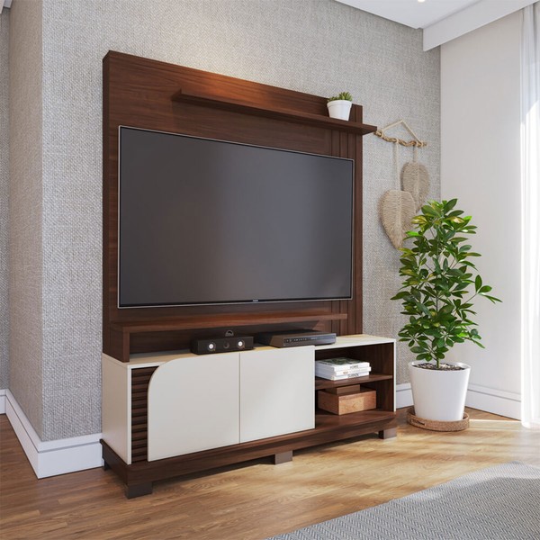 Estante para TV Até 65 Polegadas Jurerê 2 Portas Ripado Nogueira Real/Off White Matte - Colibri