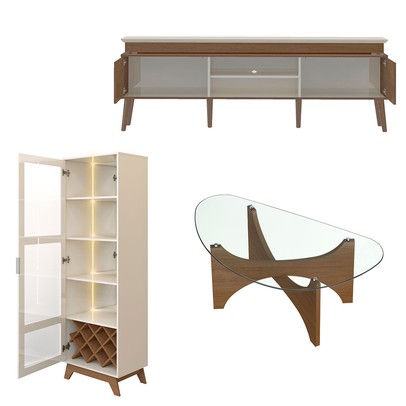 Sala Completa para TV Até 75" Lumina e Cristaleira com Led Cinamomo/Off White - Pnr Móveis