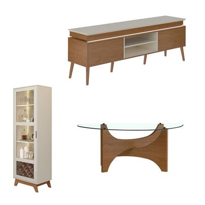 Sala Completa para TV Até 75" Lumina e Cristaleira com Led Cinamomo/Off White - Pnr Móveis