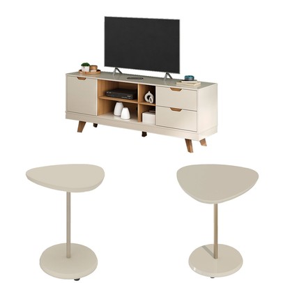 Sala Completa para TV Até 60" Isa 1 Porta 2 Gavetas com 2 Mesas de Apoio Off White/Carvalho - Pnr Móveis