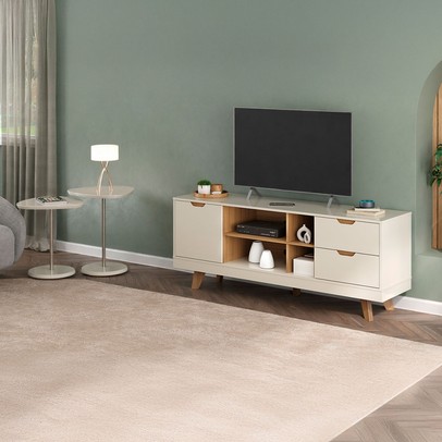 Sala Completa para TV Até 60" Isa 1 Porta 2 Gavetas com 2 Mesas de Apoio Off White/Carvalho - Pnr Móveis