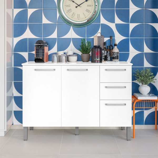 Balcão de Cozinha 120 Cm Mad Versalhes 3 Portas 2 Gavetas Branco Supremo - Kits Paraná