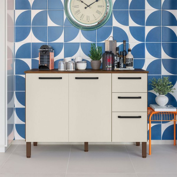 Balcão de Cozinha 120 Cm Mad Versalhes 3 Portas 2 Gavetas Nogueira/Off White - Kits Paraná