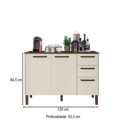 Balcão de Cozinha 120 Cm Mad Versalhes 3 Portas 2 Gavetas Nogueira/Off White - Kits Paraná