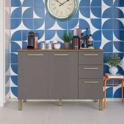 Balcão de Cozinha 120 Cm Mad Versalhes 3 Portas 2 Gavetas Freijó/Gris - Kits Paraná