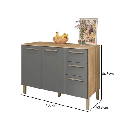 Balcão de Cozinha 120 Cm Mad Versalhes 3 Portas 2 Gavetas Freijó/Gris - Kits Paraná