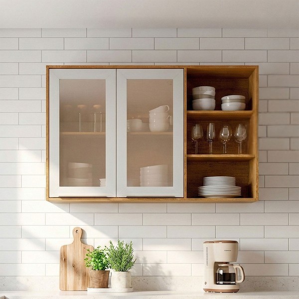 Armário Aéreo Cozinha 120 Cm Brilhante 2 Portas Reflecta 100% Mdf Cinamomo/Offwhite - Mgm Móveis