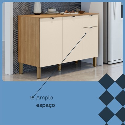 Balcão de Cozinha 120 Cm Vert Plus 3 Portas 1 Gaveta 100% Mdf Freijó/Soft - Kits Paraná