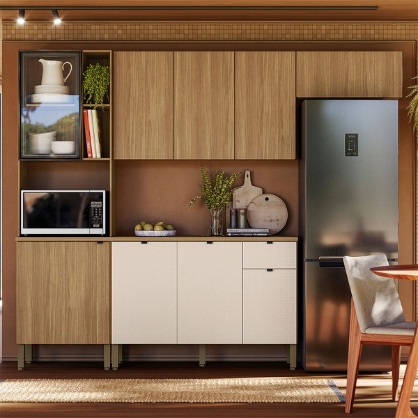 Cozinha Compacta Vert Plus 9 Portas 1 Gaveta 100% com Vidro 3039 Freijó/Soft/Freijó - Kits Paraná