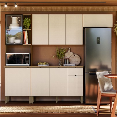 Cozinha Compacta Vert Plus 9 Portas 1 Gaveta 100% com Vidro 3039 Freijó/Soft - Kits Paraná