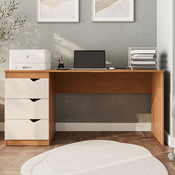 Mesa Escrivaninha Porto 3 Gavetas Freijó/Creme - Politorno