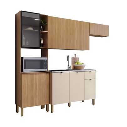 Cozinha Compacta Vert Plus 9 Portas 1 Gaveta 100% Mdf com Vidro Freijó/Soft - Kits Paraná