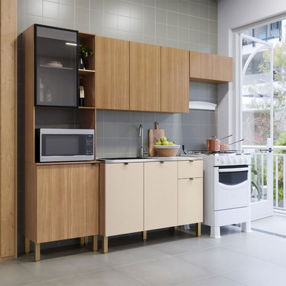 Cozinha Compacta Vert Plus 9 Portas 1 Gaveta 100% Mdf com Vidro Freijó/Soft - Kits Paraná