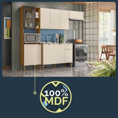 Cozinha Compacta Vert Plus 9 Portas 1 Gaveta 100% Mdf com Vidro Soft/Freijó - Kits Paraná