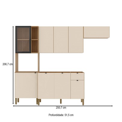 Cozinha Compacta Vert Plus 9 Portas 1 Gaveta 100% Mdf com Vidro Soft/Freijó - Kits Paraná