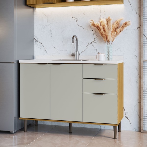 Balcão de Cozinha para Pia 120 Cm Copenhague 3 Portas 2 Gavetas Ipê/Sabbia - Decibal