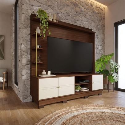 Estante para TV Até 70 Polegadas Paraná 3 Portas Nogueira Real/Off White Matte - Colibri