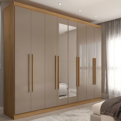 Guarda-Roupa Casal Ele e Ela 8 Portas 8 Prateleiras com Espelho Cinamomo/Cappuccino - Panorama Móveis