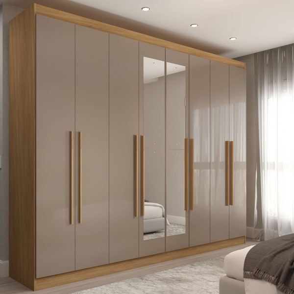 Guarda-Roupa Casal Ele e Ela 8 Portas 8 Prateleiras com Espelho Cinamomo/Cappuccino - Panorama Móveis