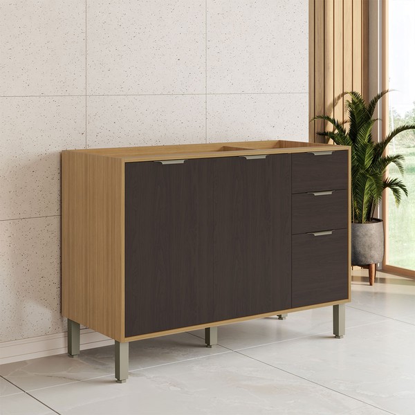 Balcão de Cozinha para Pia 120 Cm Colors 3 Portas 2 Gavetas 100% Mdf Freijó/Nogueira Bourbon - Kits Paraná