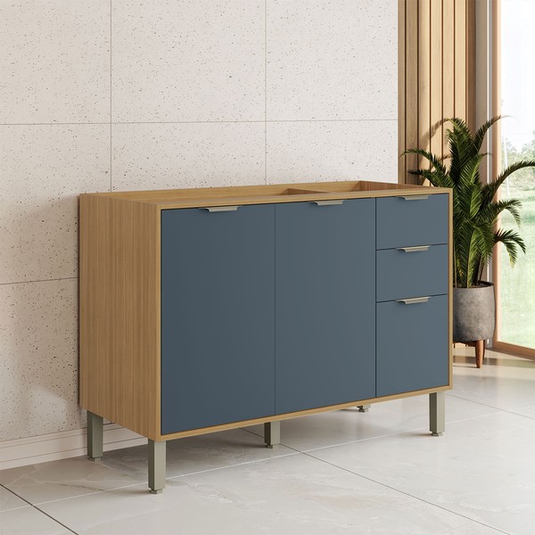 Balcão de Cozinha para Pia 120 Cm Colors 3 Portas 2 Gavetas 100% Mdf Freijó/Azul Secreto - Kits Paraná