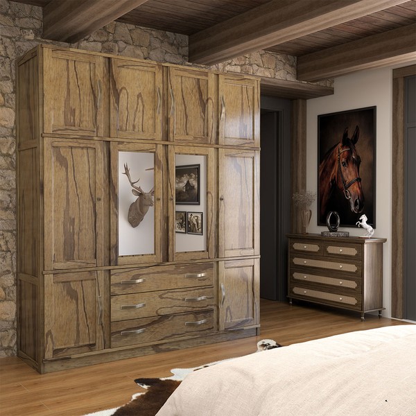 Guarda-Roupa Casal Rústico Madeira Maciça 10 Portas 3 Gavetas com Espelho Castanho - Panorama Móveis
